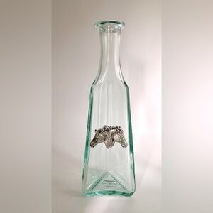 Vintage Blue Green Glass Bottle 9.5” Pewter Horse Medallion Heritage Metalworks